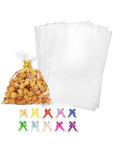 ECVV 100pcs Clear Cellophane Treat Bags with Twist Ties Self Adhesive Cookie Bags Packing Supplies for Party Favor, Candy, Cookie, Popcorn, Dessert, Bakery