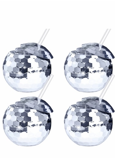 Disco Ball Cups 4 Pieces Tumbler Flash Drinks Cup with Lid and Straw Party Supplies Drink Syrup Tea Bottle, for Decorations (Sliver)
