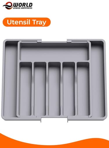 Large Capacity Expandable Silverware Drawer Organizer, BPA-Free Cutlery Tray for Kitchen, Adjustable Flatware and Cutlery Holder for Spoons, Forks and Knives, Sleek Grey Design