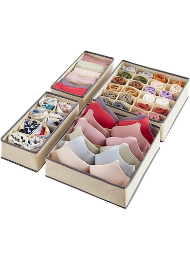 Sulfar 4pcs Drawer Organizer, Wardrobe Clothes Storage Organizer Box, Underwear Bra Organiser Closet Drawer Divider for Skirts Socks Bras Panties &amp; Scarf (Beige)