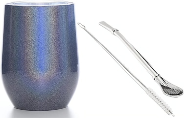 Yerba Mate Tea Cup And Bombilla Straw Set 12oz double-wall Stainless Coffee Water Tea Cup Natural Mate Gourd Cup Kit For Yerba Mate Loose Leaf Drinking, Easy to Clean (Discolored Blue)
