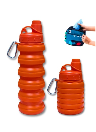 Silicone Collapsible Food Grade Water Bottle For Sports And Reusable Leakproof Foldable And Detachable BPA Free Bottle With Carabiner For Hiking, Cycling And Travel And School, Orange