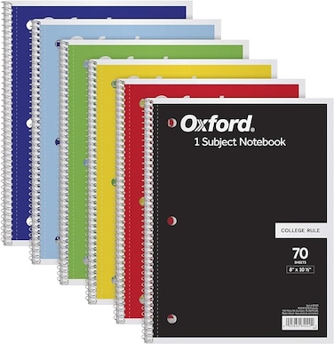 Oxford Spiral Notebook 6 Pack, 1 Subject, College Ruled Paper, 8 x 10.5 Inch, Color Assortment May Vary (65007)