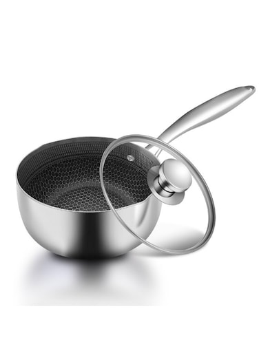 Nonstick Sauce Pan with Lid, Stainless Steel Saucepan, Hybrid Milk Pan with Handle,18CM Tea Pan, Cooking Pot for Soup, Rice, Stainless Steel Cookware, Compatible with All Cooktops