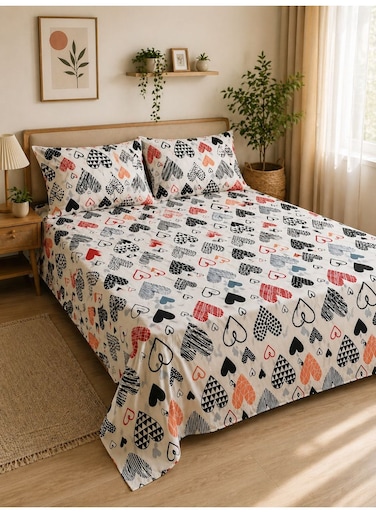 3-Piece Flat Bedsheet Set, Geometric Heart Pattern, 100% Cotton, 125 GSM, 1 Flat Sheet + 2 Pillowcases &acirc;&euro;&ldquo; Available in King, Queen and Single Sizes