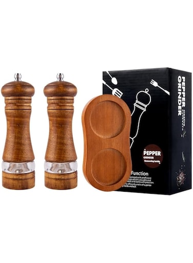 BIGTHREE Wooden Adjustable Pepper Grinder Spice Shaker, Manual Pepper and Salt Mill for Professional and Home Kitchen Use, Set of 2 Spice Grinders, 6.5 inches in Height