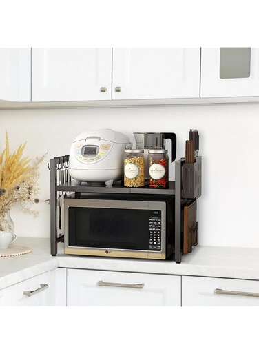 Cozy Nest Expandable Microwave Oven Rack with 6 Hook and Non-Slip pads,Heavy Duty Toaster,Spics Holder.Adjustable Height kitchen Organizer Storage Shelf Stand (Grey, 1 Layer with Accessories)