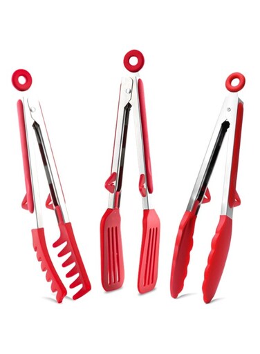 3Pcs Silicone Food Tongs Set , Professional Serving, BBQ and Kitchen Tongs With Slotted Spatula, Non-Slip Heat Resistant For Grilling and Frying , Non-Stick Cookware Tongs, Red, 27 cm