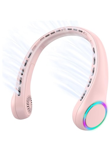 GULAKI Neck fan, Portable Fan with 5-17H Lifespan, 4000mAh Personal Fan with 3 Adjustable Speeds and 64 Cool Lights, Nice Rechargeable Fan, Hands-Free Bladeless Personal Fan for Summer (Pink)