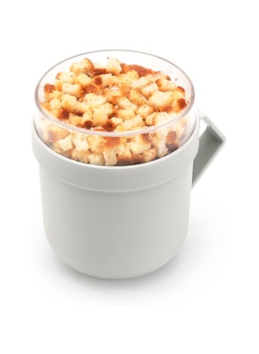 Brabantia - Make &amp; Take Soup Mug 0.6L - with Screw-On Toppings Container (180 ml) &amp; Handle - Leakproof - Large Opening - Suitable for Freezer - Dishwasher &amp; Microwave Safe - Light Grey