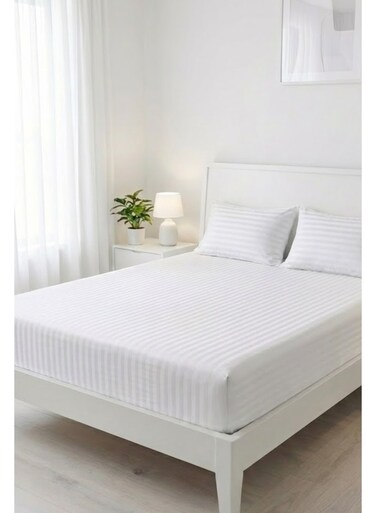 Cotton 3-Piece Microfiber Double Fitted Sheet Set &acirc;&euro;&ldquo; White Striped 150 x 200 cm with Full Elastic &amp; 2 Pillowcase