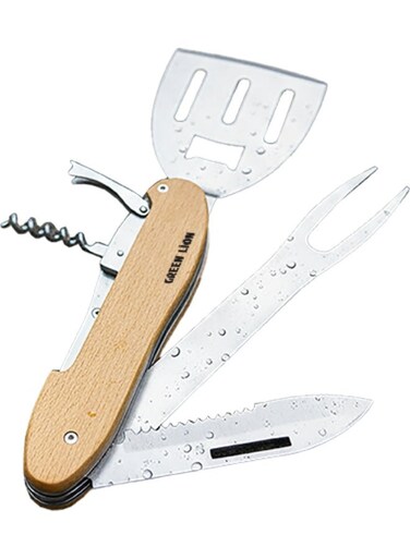 LION Multifunction 5 in 1 BBQ Tool Set, Folding Space Saving Design Good for Camping &amp; Outdoors, 5 in 1 Tool (Grill Tuner, BBQ Fork, Corkscrew, Bottle Opener) with Ergonomic Grip, Stainless Steel Material, Rust Resistant, Easy to Clean - Wood