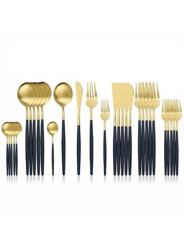 30-Piece Stainless Steel Cutlery Set Kitchen Utensil Set Western Tableware Suitable For Home Kitchen Restaurant Hotel Party Dining Picnic Dining Exquisite Packaging Gift Black/Gold