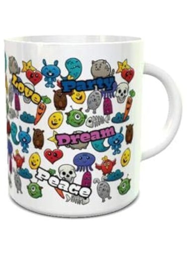 Impress White Ceramic Coffee Mug with Peace Love and Party Design