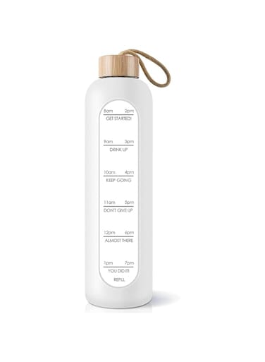 KASTWAVE 32 Oz Motivational Borosilicate Glass Water Bottle - Leak Proof, BPA Free, with Time Markers, Silicone Sleeve &amp; Bamboo Lid for Daily Hydration