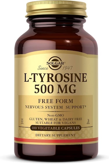 Solgar L-Tyrosine 500 mg, 100 Vegetable Capsules - Brain &amp; Nervous System Support - Vegan, Gluten Free, Dairy Free, Kosher - 100 Servings