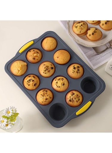 Mini Bread Baking Tray, 12 Chamber Non-Stick Mini Circular Cake Baking Trays Baking Pan,Silicone Baking Mold Grey