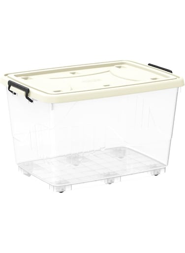 Cosmoplast 82 L Clear Plastic Storage Box With Wheels &amp; Lockable Lid Off White 68 x 49 x 41cm