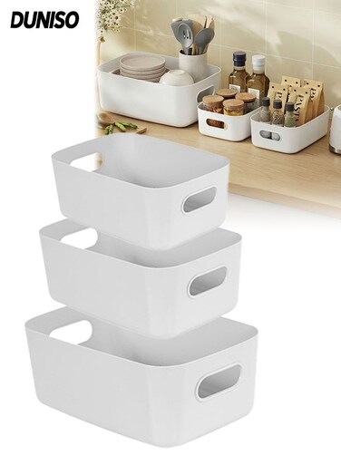 3-Pack Storage Bin,Small Plastic Containers for Organizing with Handles,Multi-Use Durable Cabinet Organizer for Closets, Shelves and Countertops (Grey)
