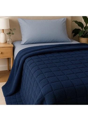 DECOR Jacquard Sherpa Blanket Single Flannel Fleece Reversible Blanket Warm and Plush Throw Blanket 150 x 200 cm Square Embossed Navy Blue