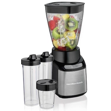 Hamilton Beach Stay or Go Blender, 1L Jar, 250 ml Grinder for Nuts &amp; Spices, Two 500 ml Personal Cups, Shatterproof Tritan Jars, 220-240v UK plug, Stainless Steel (52400) - International Version