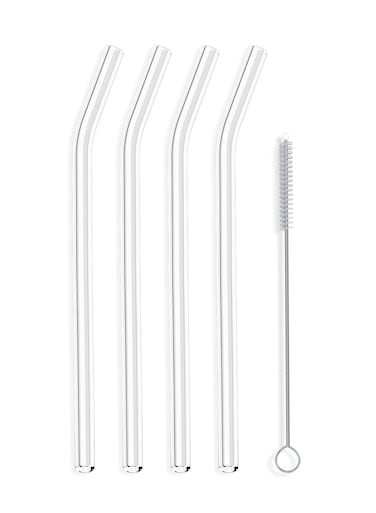 Straw For Smoothies, Tea, Juice, Water, Essential Oils - 4 Pack with Cleaning Brush Clear Bent 9" x 9.5 mm