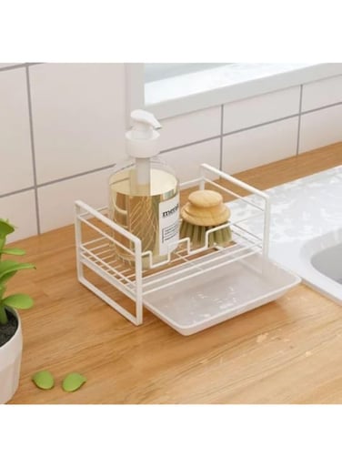 RACK STORE Kitchen Sponge Holder, Kitchen Organizer with Drain Tray, Dishwashing Liquid Drainer Bottle &amp; Brush Storage Rack, Sink Caddy Organizer Cleaning Tools Holder for Kitchen&hellip; (White)