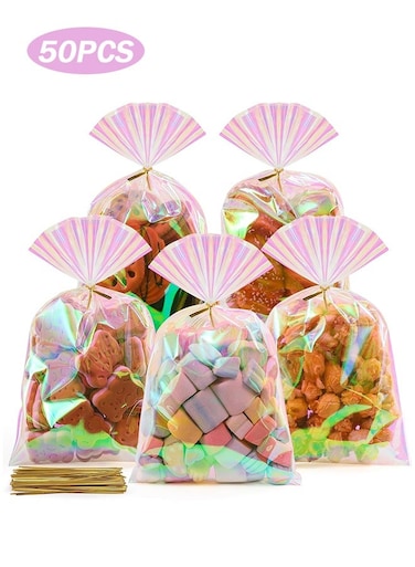 Life Cellophane Bags, 50 Pcs 6x10 Inches Clear Treat Bags with Ties Plastic Gift Bag Holographic Iridescent Pink Goodie Bag for Party Favors Wedding Candy Snack Popcorn Cookies Packing