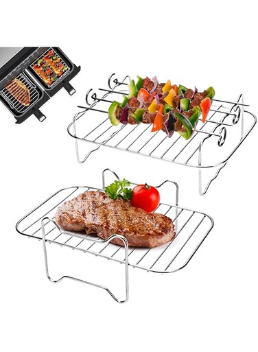 VAODO Air Fryer Accessories Set, Air Fryer Rack Set of 2, Skewer Rack with 4 Stainless Steel Grilling Pins, Stackable Metal Stand,for Barbecue, Oven, Air Fryer