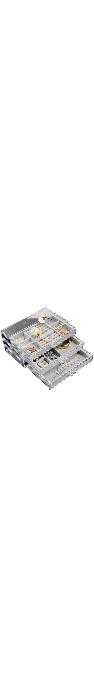 XYKILYJewellery Box For Women With 3 Drawers, Velvet Jewellery Organiser For Earring Bangle Bracelet Necklace And Rings Storage Clear Acrylic Jewellery Box Earring Holder (24x13x10cm, A-Grey)