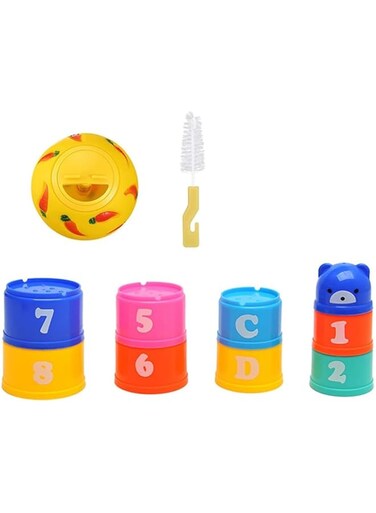 ALMEKAQUZ Bunny Toys Set,9 Pcs Stack Up Bunny Cups and 1 Pcs Treat Ball Toy,Rabbit Food Dispenser,with Cleaning Brush,Colored Plastic REusable Nesting Toys for Small Animals Rabbits