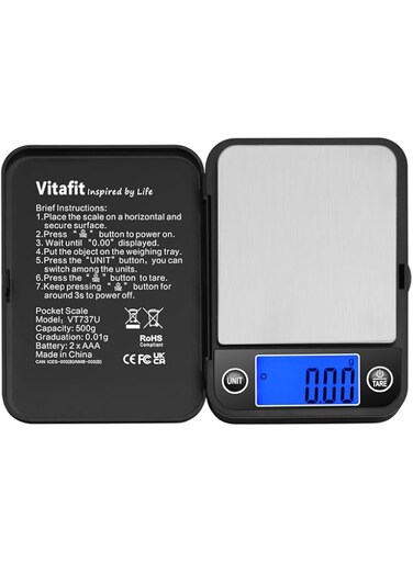 Vitafit 500g Digital Pocket Gram Scale 0.01g Accuracy, Weighing Professional Since 2001, High Precision Scale Grams for: Lab, Food, Kitchen, Coffee, Jewelry; Black
