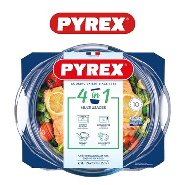 Pyrex Wow Essential 1.6L Round Casserole Dish with Lid - 4-in-1 Versatile Glass Casserole, Ergonomic Handles, &amp; Thermal Shock Resistance