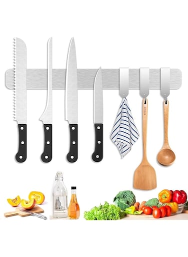 Magnetic Knife Holder for Wall Ninonly 30 CM Magnetic Knife Strip Self Adhesive with 3 Hooks Stainless Steel Magnetic Kitchen Knife Holder Self-Adhesive Glue for Knives, Utensils and Tools