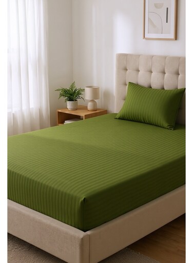 Cotton 2-Piece Microfiber Single Fitted Sheet Set &acirc;&euro;&ldquo; Olive Green Striped 90&Atilde;&mdash;190 cm with Full Elastic &amp; 1 Pillowcase
