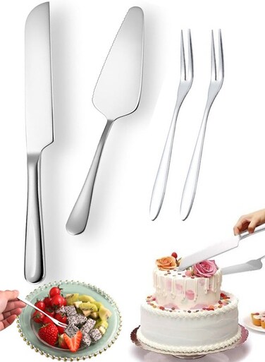 304 Stainless Steel Cake Cutting Set Silver Cake Knife Server with 2 Forks Professional Dessert Utensils for Weddings Anniversaries Eid Gatherings Dinner Parties Home Celebrations Cake Cheese Pie Pizza