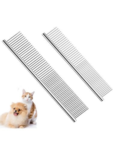Custelen 2 Pack Dog Combs with Rounded Ends Stainless Steel Teeth - Professional Grooming Tool for Long and Short Haired Pets (6.3IN/7.4IN)