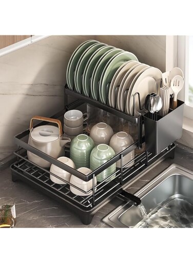 QHWRV Removable kitchen storage dish rack with plate rack, cutlery basket, drain pipe and drain board, dish rack plate rack large capacity black