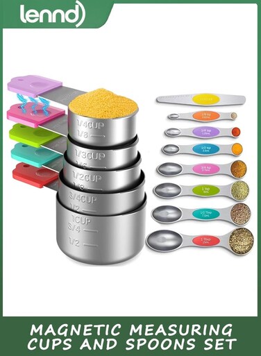 Magnetic Measuring Cups and Spoons Set-Heavy Duty 304 Stainless Steel&iuml;&frac14;&OElig;Double Measurement Markings&iuml;&frac14;&OElig;Set of 16 with Leveler for Measure Dry and Liquid Ingredients