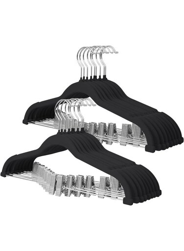 Pants Hangers With Movable Clips, Non-Slip Velvet Clothes Hangers, Space-Saving Skirt Hangers For Shirts, Trouser, Dresses, Skirts, Coats (18 Pack, Black)
