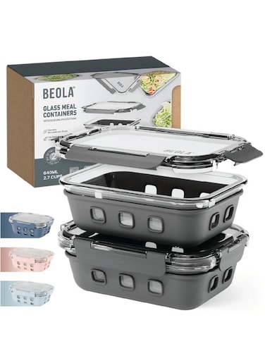 BEOLA Set of 2 Glass Food Storage Containers with Airtight Lids and Silicone Protection, Leakproof Food Organizer, Freezer, Dishwasher, Microwave Safe Kitchen Organizer for Food (640ml, Lava Gray)