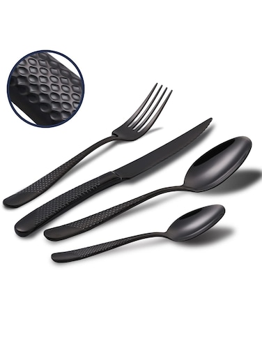 Silverware Set, 4 Piece Modern Black 18 Or 10 Stainless Steel Flatware Set With Forks Spoons And Knives, Unique Metal Cutlery Sets For Home Restaurant, Mirror Polished And Dishwasher Safe