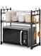 Multi-Purpose 2-Tier Metal Kitchen Rack with Hooks and Storage Shelf, 60x33x54cm, Heavy-Duty Countertop Organizer for Microwave, Oven, Spices and Utensils, Space Saving Design, Black