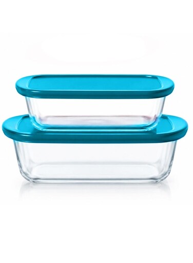 Pyrex Cook &amp; Store Set of 2 Rectangular Roaster with Blue Lids, 1.1L + 2.5L Blue