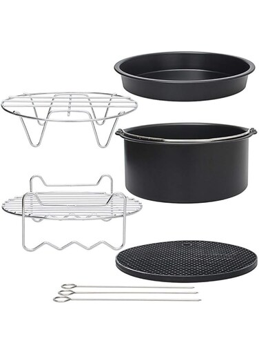 AROAEM Air Fryer Accessories for Cosori Ninja and Philips, Set of 5/9, Fit all 3.7QT - 5.3QT - 5.8QT,Non-stick Barrel/Pan + Metal Holder + Multi-Purpose Rack with Skewers and Silicone Mat (SET OF 5)