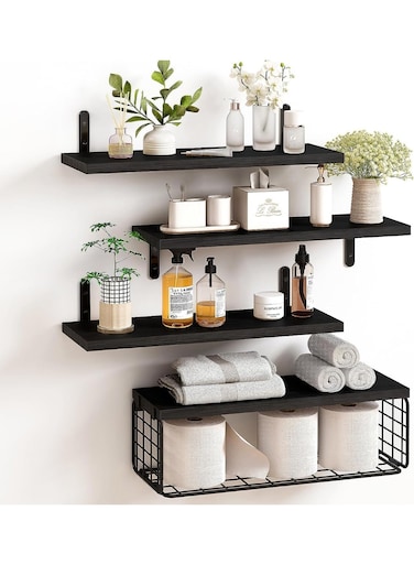 Wall Mounted Floating Shelves with Storage Basket &acirc;&euro;&ldquo; 4-Tier Bathroom Organizer Rack for Towels, Toiletries, Plants, and Decor &acirc;&euro;&ldquo; Space-Saving Rustic Wood Shelving Unit Black