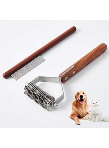 ELECDON Pet Dematting Rake with 2 Sided Professional Pet Grooming Rake for Dogs and Cats 20 Blades Deshedding Detangle Thinning Undercoat Comb and Face Comb Kit with Wooden Handle