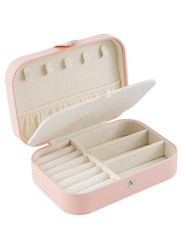 Neveika Travel Jewelry Box, PU Leather Small Jewelry Organizer for Women Girls, Double Layer Portable Mini Travel Case Display Storage Holder Boxes for Stud Earrings, Rings,Necklaces,Bracelets (pink)