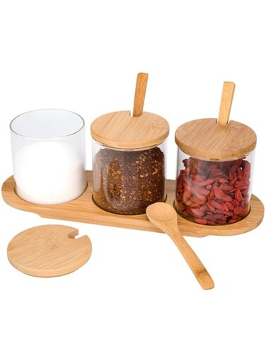 AMERTEER 3 Pack Glass Jars Container With Airtight Bamboo Lids &amp; Spoons, Clear Kitchen Storage Containers For Dry Goods, Candy, Cookies, Rice, Flour, Sugar, Pasta &amp; More, 10 Oz