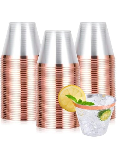 KASTWAVE 50 Pcs 9oz Disposable Plastic Cups, Clear Cups with Elegant Rose Gold Rim, Gold Cocktail Cups, Ideal for Weddings, Birthdays, Events, Plastic Party Cups